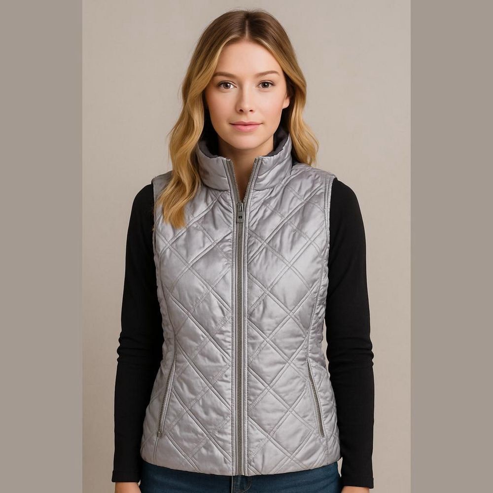 Jane Ashley Quilted Vest Medium Gray Full Zip
